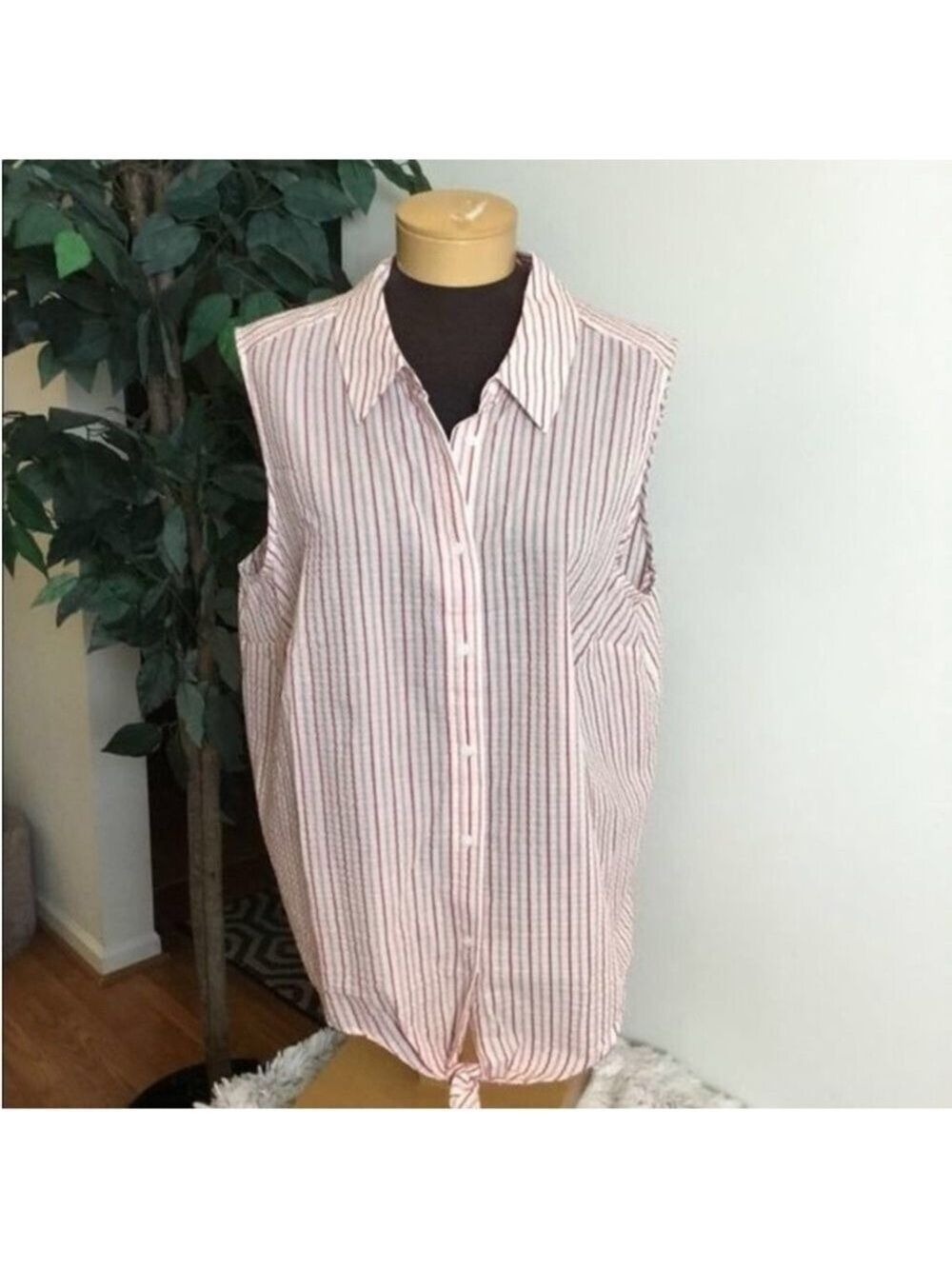 POPSUGAR Red White Striped Sleeveless Tie Front Button Down Top 1X NWT